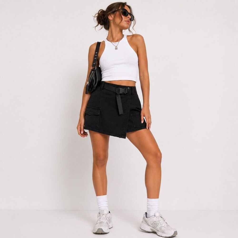 SHEIN XL Black Utility Cargo Skort Belted Wrap Front Mini Skirt Shorts Y2K